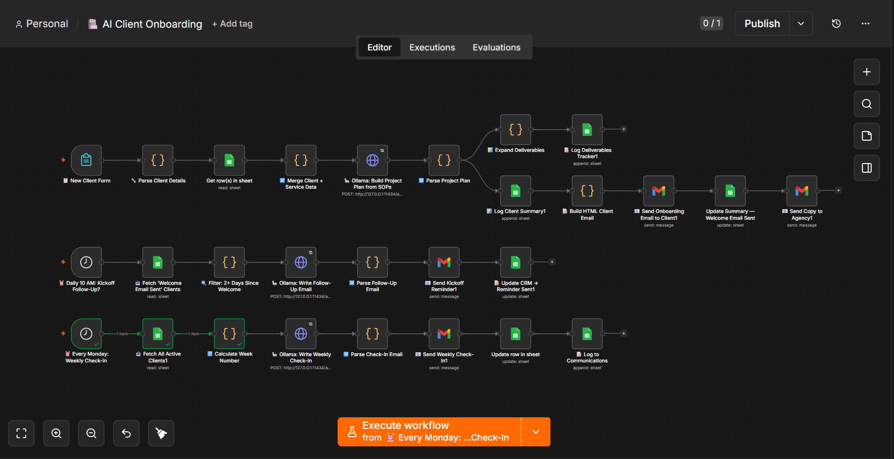 Full n8n AI client onboarding workflow showing onboarding, kickoff follow-up, and weekly check-in branches